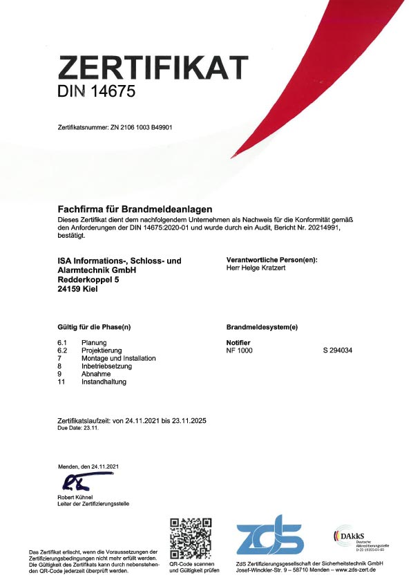 ZdS DIN14675 Zertifikat - ISA Kiel